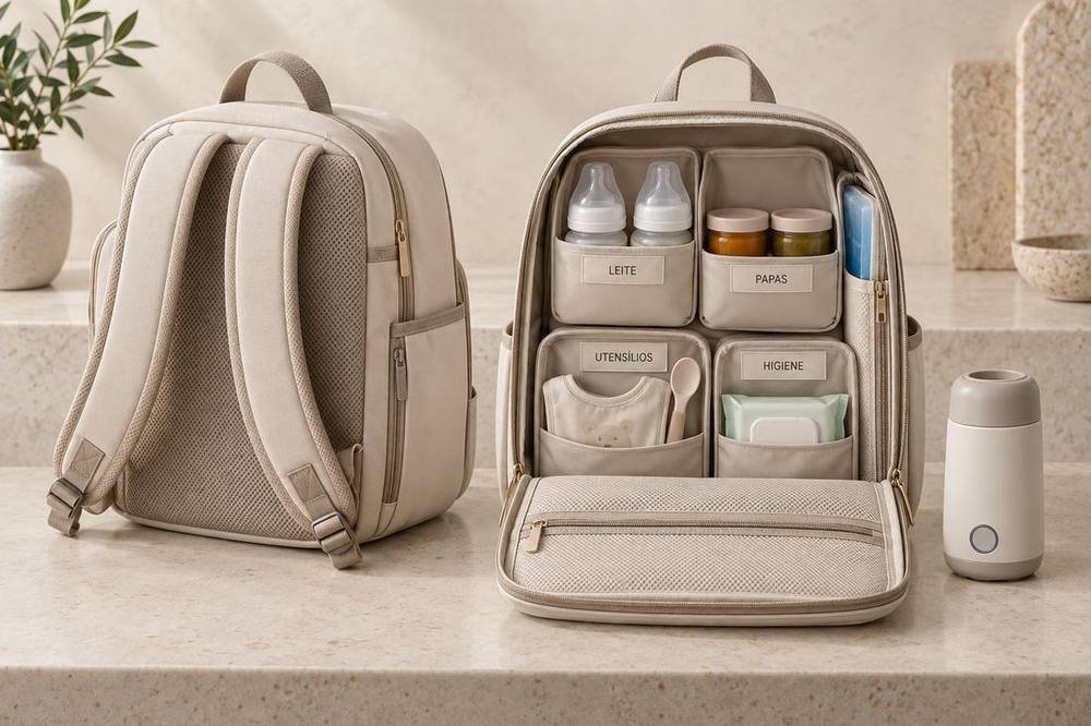 Mochila de refeições com alças e compartimentos separados para leite, papas, utensílios e higiene