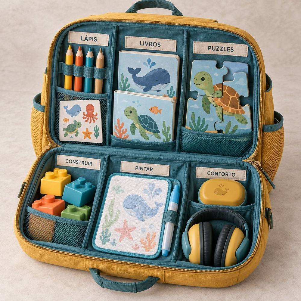 Conceito de mochila infantil organizada com lápis, livros, puzzles, blocos grandes, pintura com água e acessórios de conforto